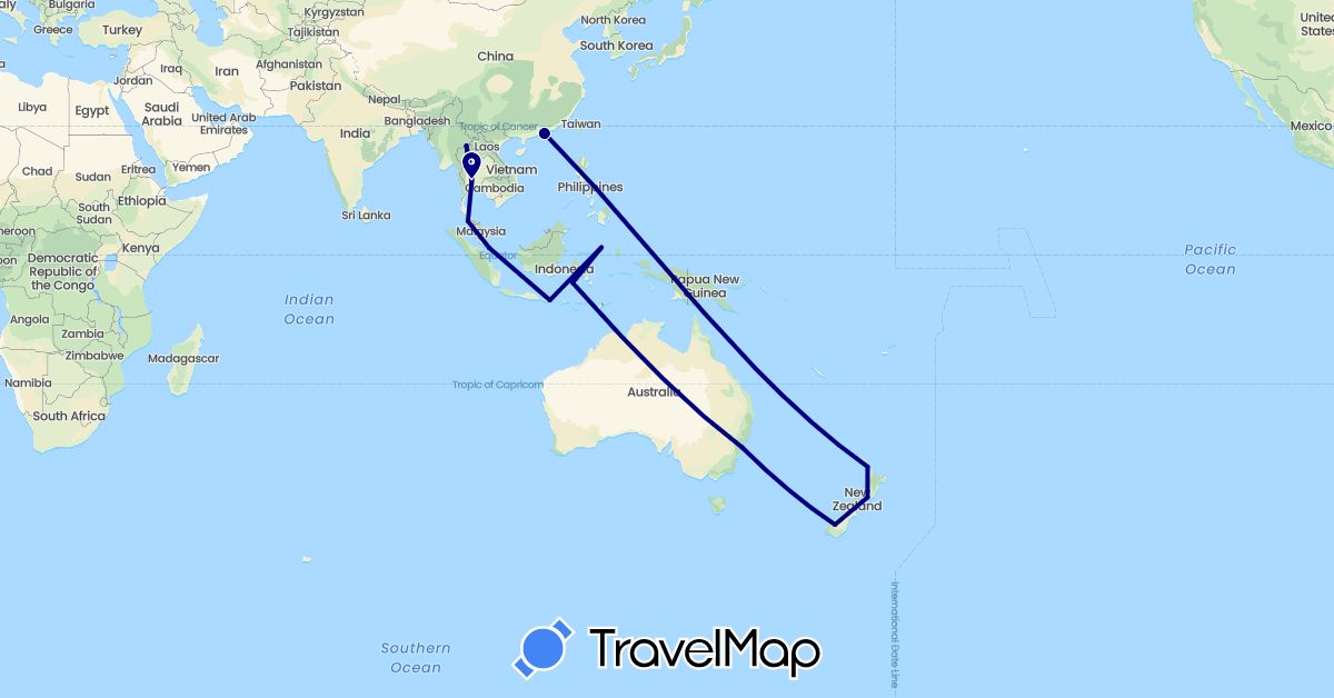 TravelMap itinerary: driving in Australia, Hong Kong, Indonesia, Malaysia, New Zealand, Singapore, Thailand (Asia, Oceania)